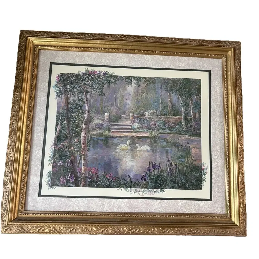 VTG HOMCO HOME INTERIORS BETTY HERBERT FELDER SWANS PICTURE GOLD FRAME ANTIQUE